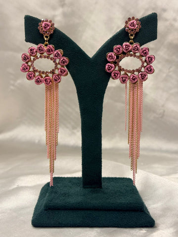 Pink Rose Floral Statement Earrings with Rhinestones & Tassel Chains,llb685