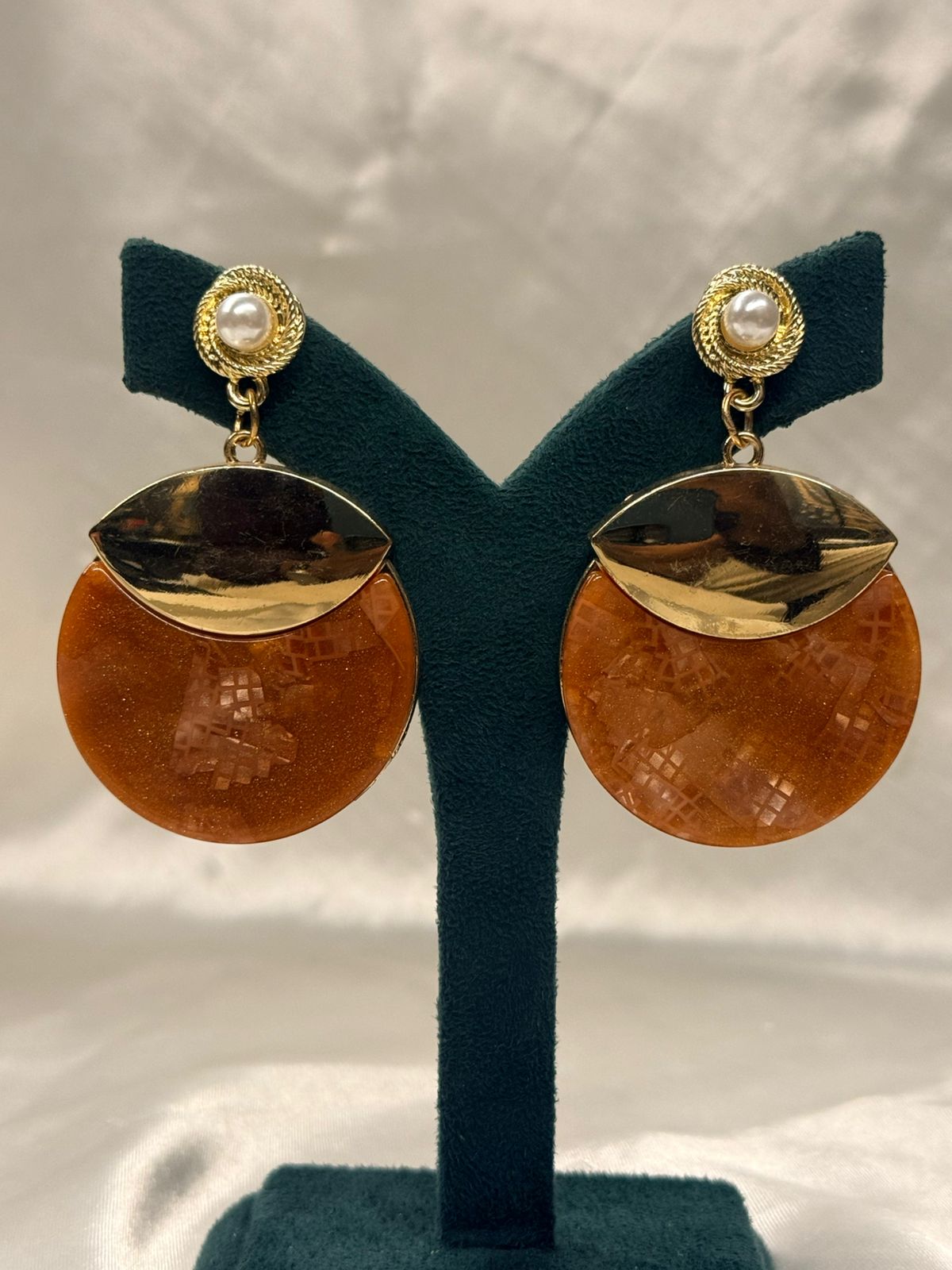 Gold & Burnt Orange Statement Drop Earrings with Pearl Stud,llb686