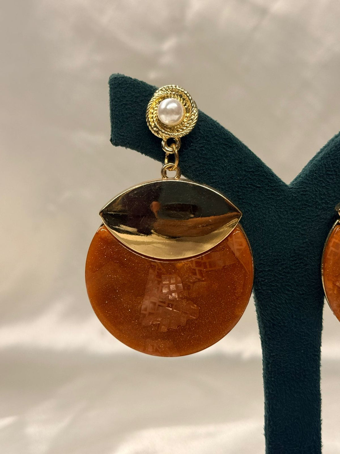 Gold & Burnt Orange Statement Drop Earrings with Pearl Stud,llb686