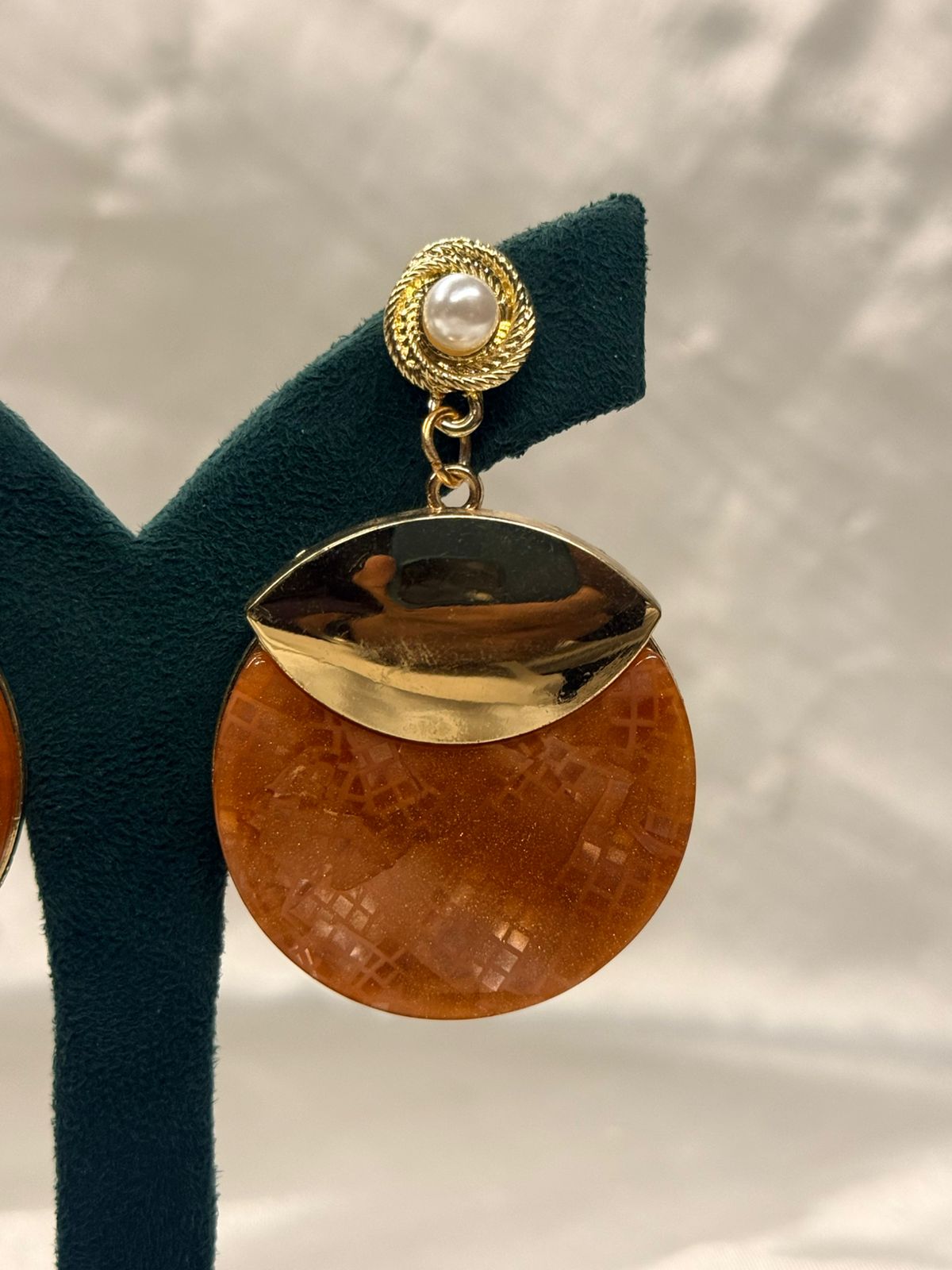 Gold & Burnt Orange Statement Drop Earrings with Pearl Stud,llb686