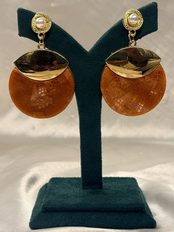 Gold & Burnt Orange Statement Drop Earrings with Pearl Stud,llb686