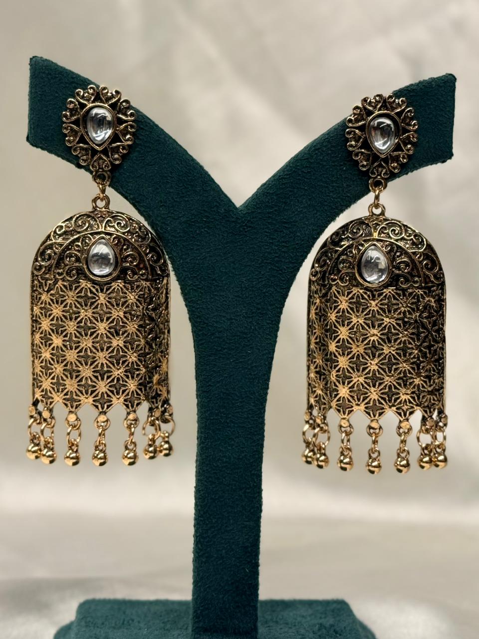 Antique Silver Oxidised Jhumka Earrings with Teardrop Stone,llb700