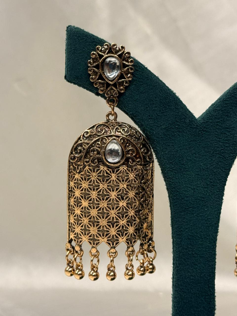 Antique Silver Oxidised Jhumka Earrings with Teardrop Stone,llb700