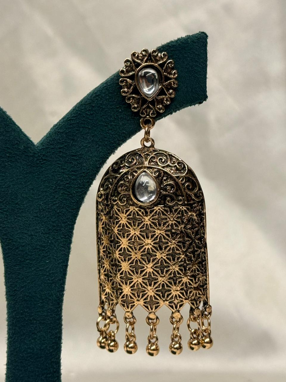 Antique Silver Oxidised Jhumka Earrings with Teardrop Stone,llb700