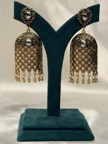 Antique Silver Oxidised Jhumka Earrings with Teardrop Stone,llb700