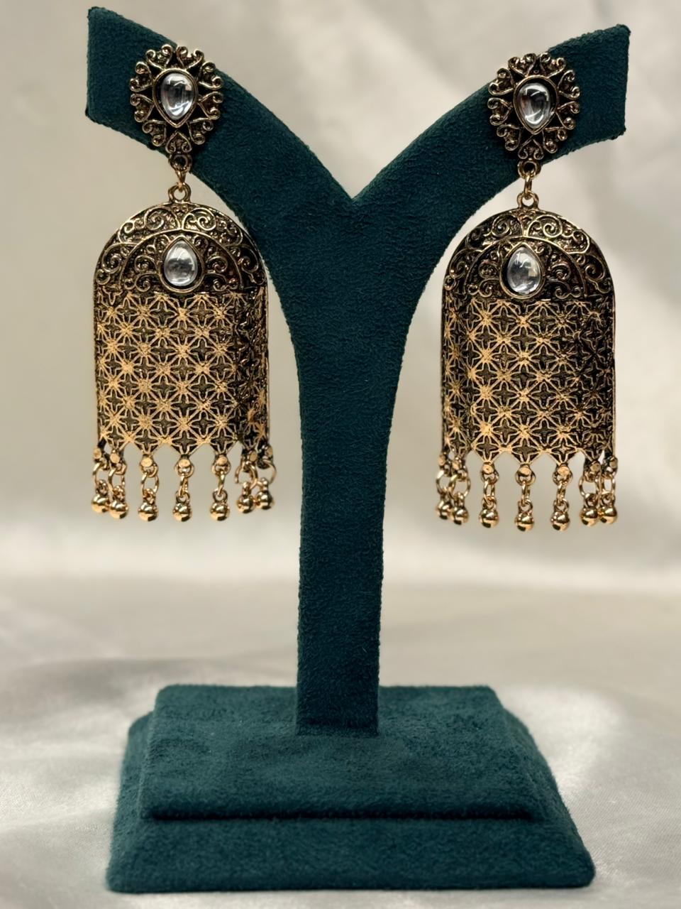 Antique Silver Oxidised Jhumka Earrings with Teardrop Stone,llb700