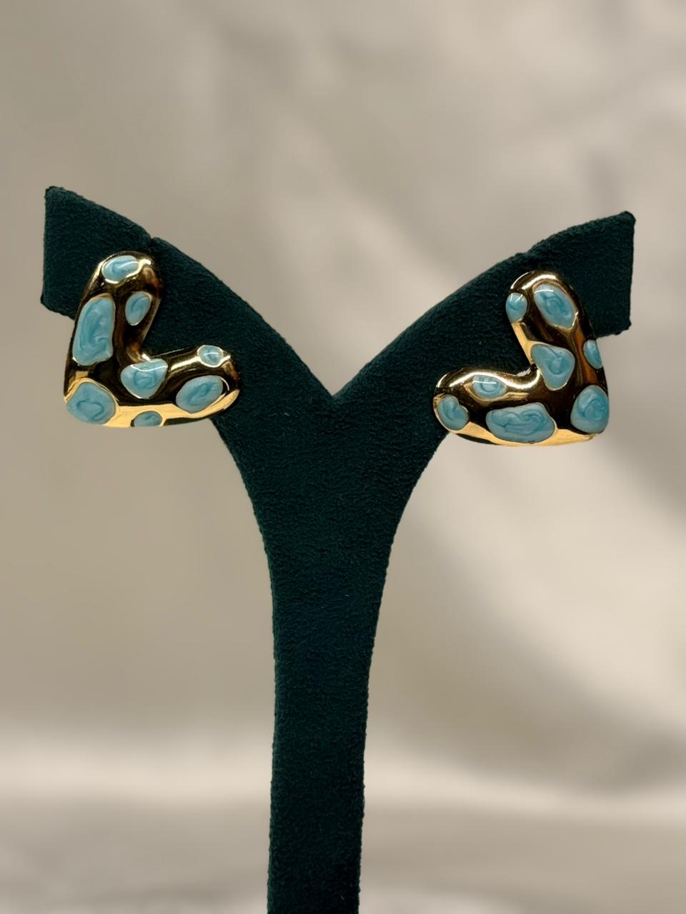 Gold L-Shape Stud Earrings with Turquoise Enamel,llb711