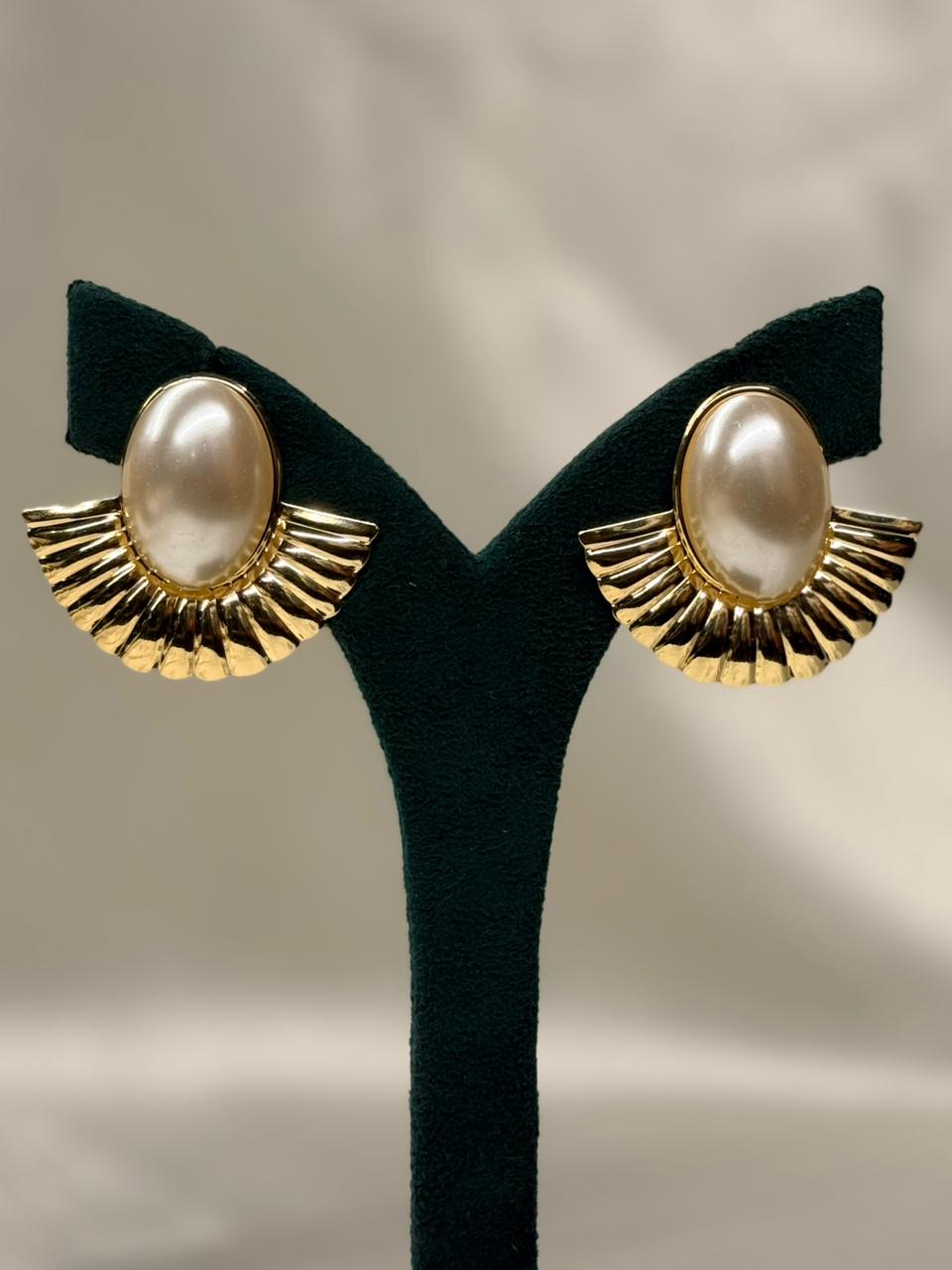Gold Fan Stud Earrings with Oval Pearl Accent,llb709