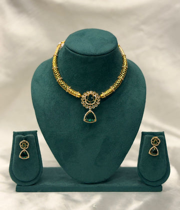 Emerald Green Stone Gold Plated Necklace Set with Earrings for Wedding,llb14