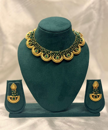 Heavy Green Beaded Gold Statement Necklace Set,llb718