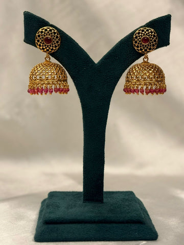 Gold Plated Traditional Jhumka Earrings with Ruby Red Stone,llb723