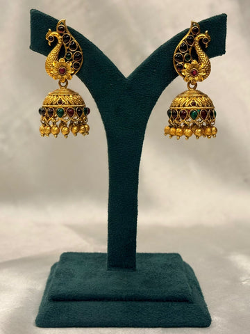 Traditional Gold Peacock Jhumka Earrings with Red,llb720
