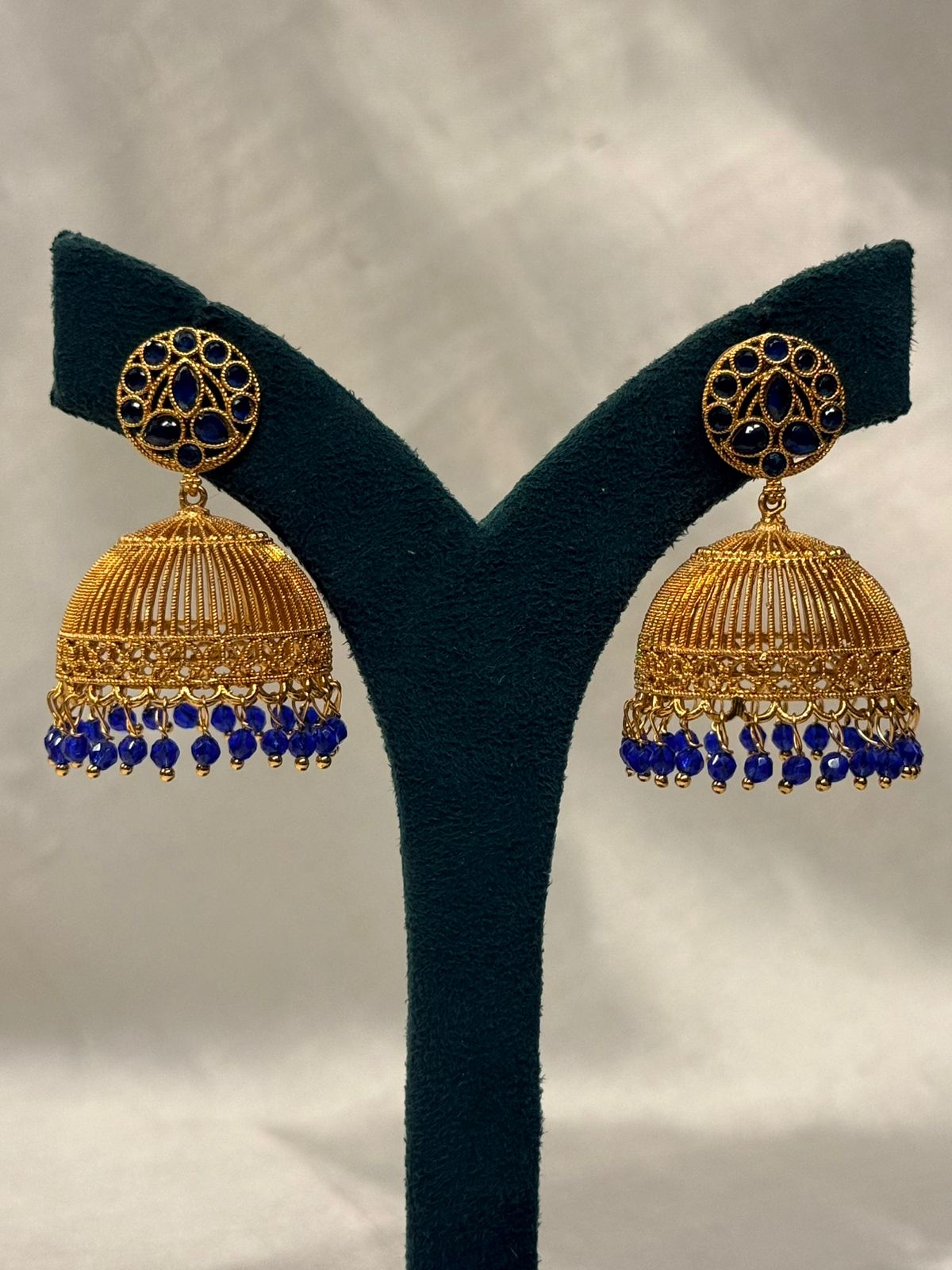 Traditional Gold Jhumka Earrings with Blue Stone & Bead Drops,llb721
