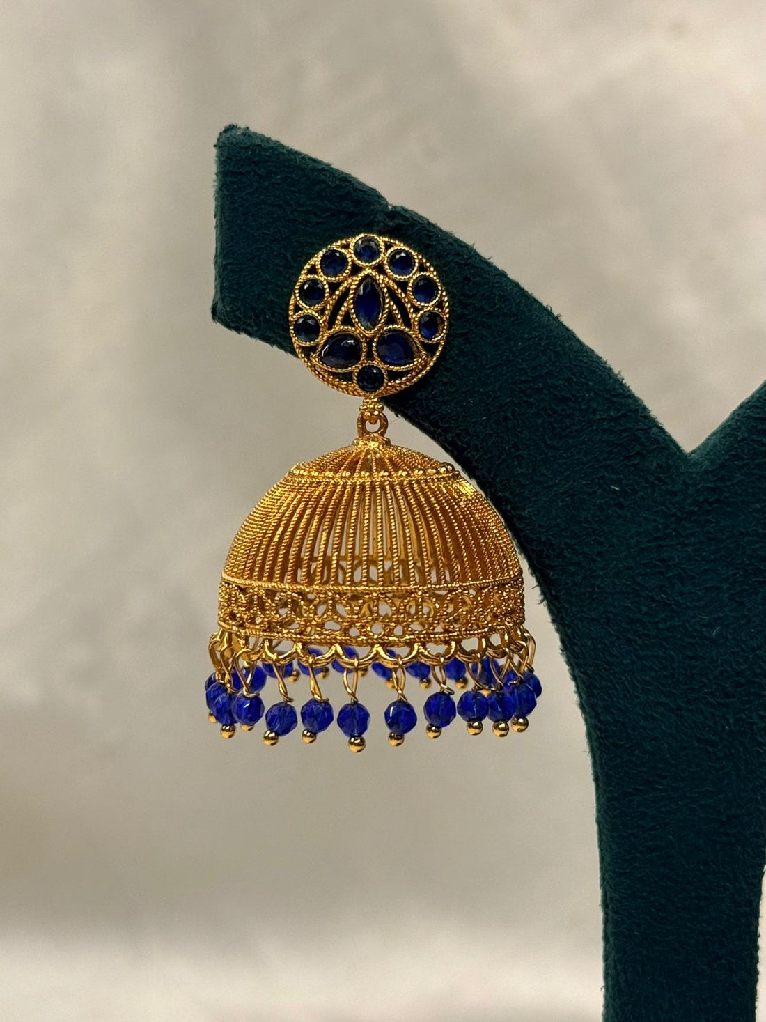Traditional Gold Jhumka Earrings with Blue Stone & Bead Drops,llb721