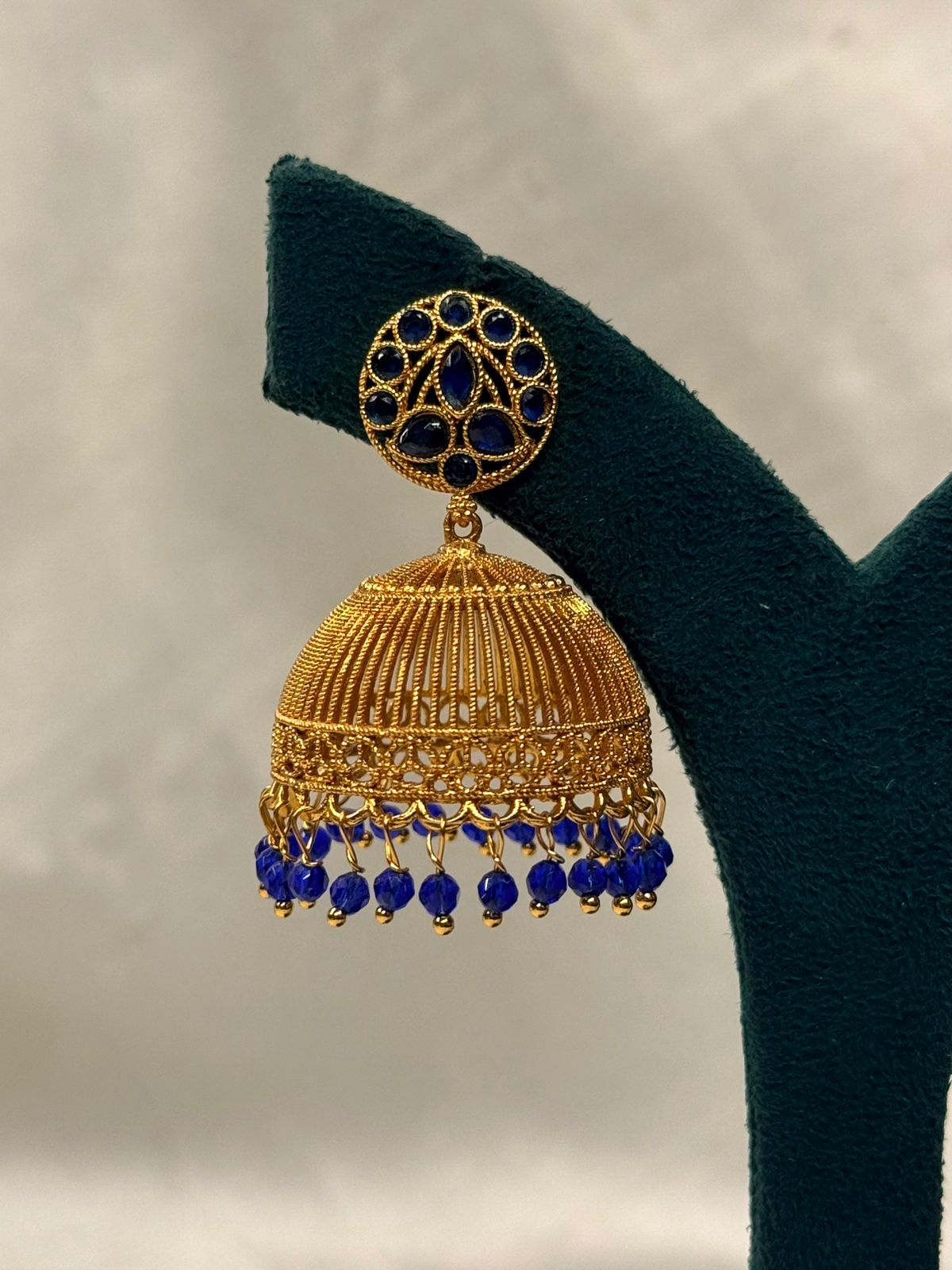 Traditional Gold Jhumka Earrings with Blue Stone & Bead Drops,llb721