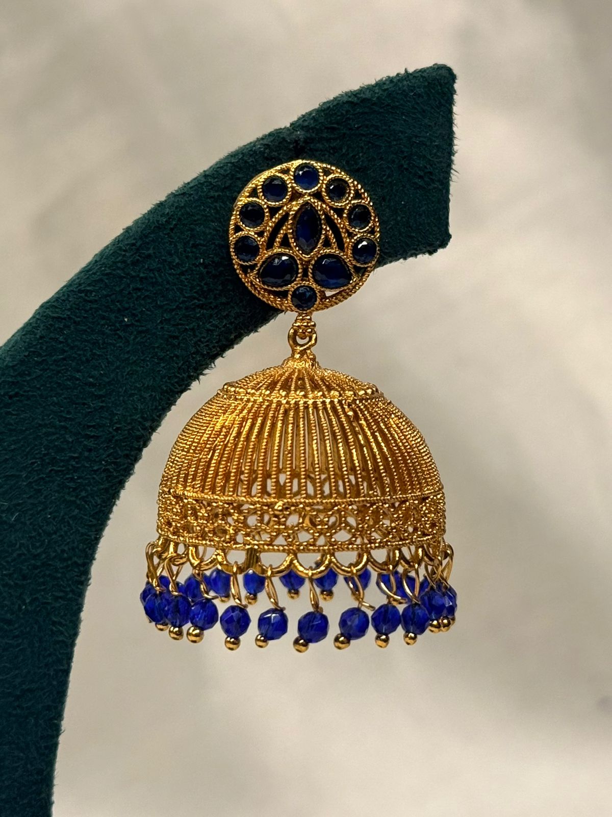 Traditional Gold Jhumka Earrings with Blue Stone & Bead Drops,llb721