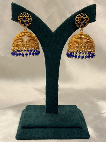 Traditional Gold Jhumka Earrings with Blue Stone & Bead Drops,llb721