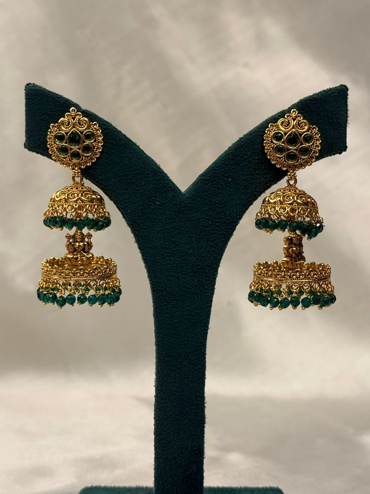 Green Stone Temple Jhumka Earrings with Lakshmi Motif & Bead Drops,llb728