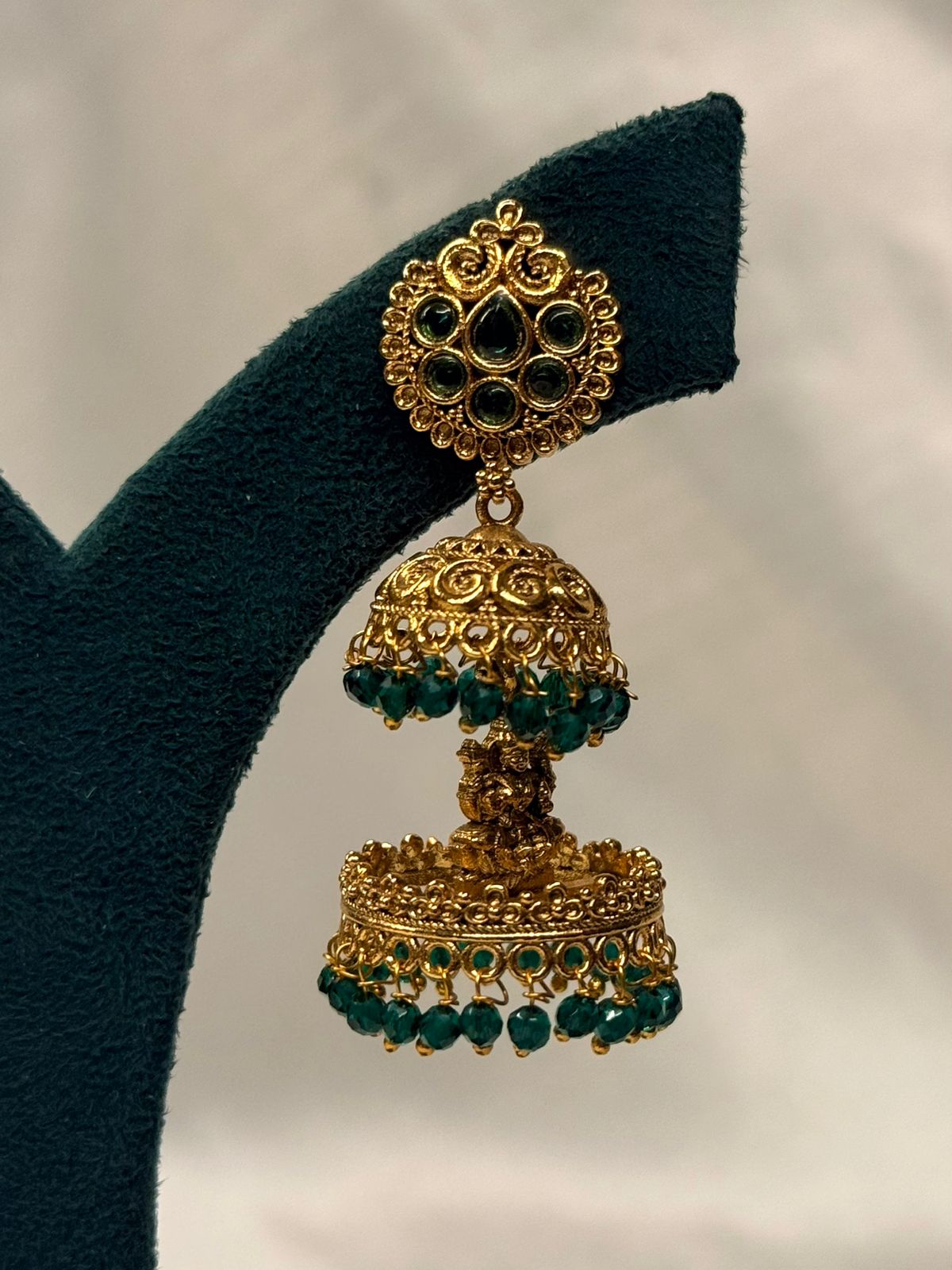 Green Stone Temple Jhumka Earrings with Lakshmi Motif & Bead Drops,llb728