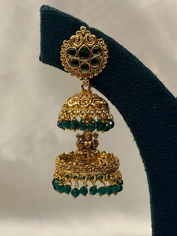 Green Stone Temple Jhumka Earrings with Lakshmi Motif & Bead Drops,llb728