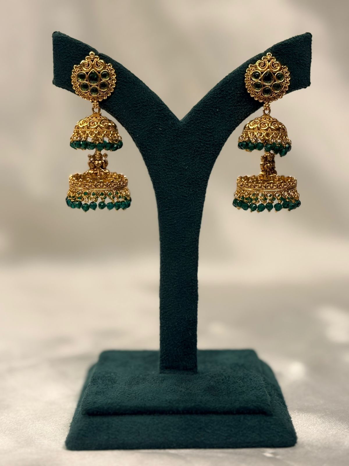 Green Stone Temple Jhumka Earrings with Lakshmi Motif & Bead Drops,llb728
