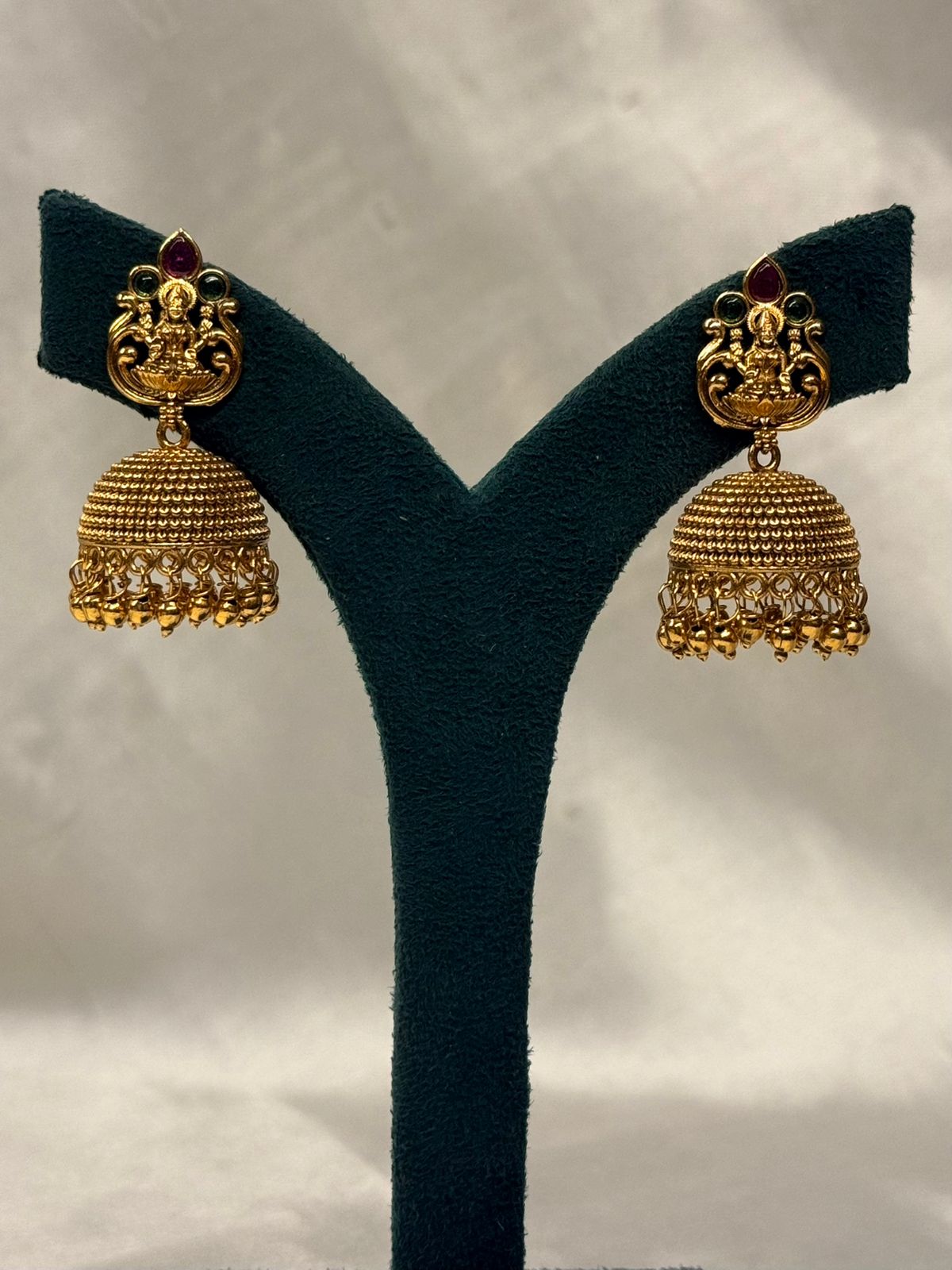 Gold Plated Lakshmi Temple Jhumka Earrings with Pink & Green Stones,llb730