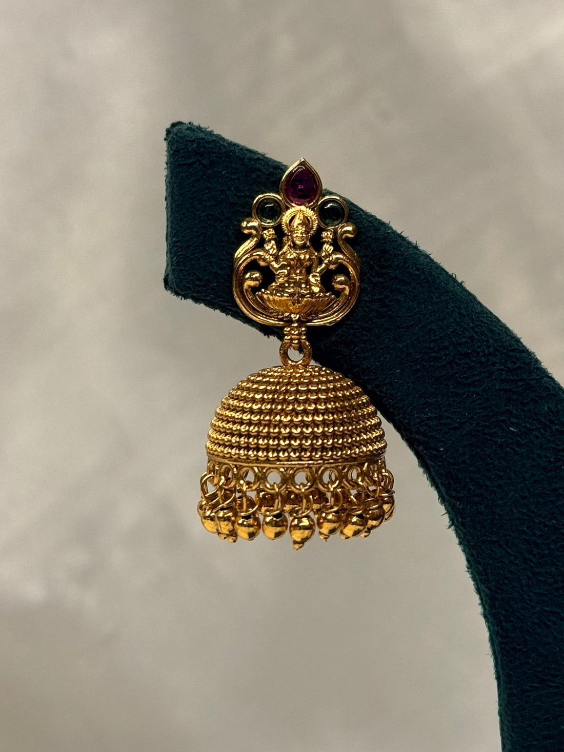 Gold Plated Lakshmi Temple Jhumka Earrings with Pink & Green Stones,llb730