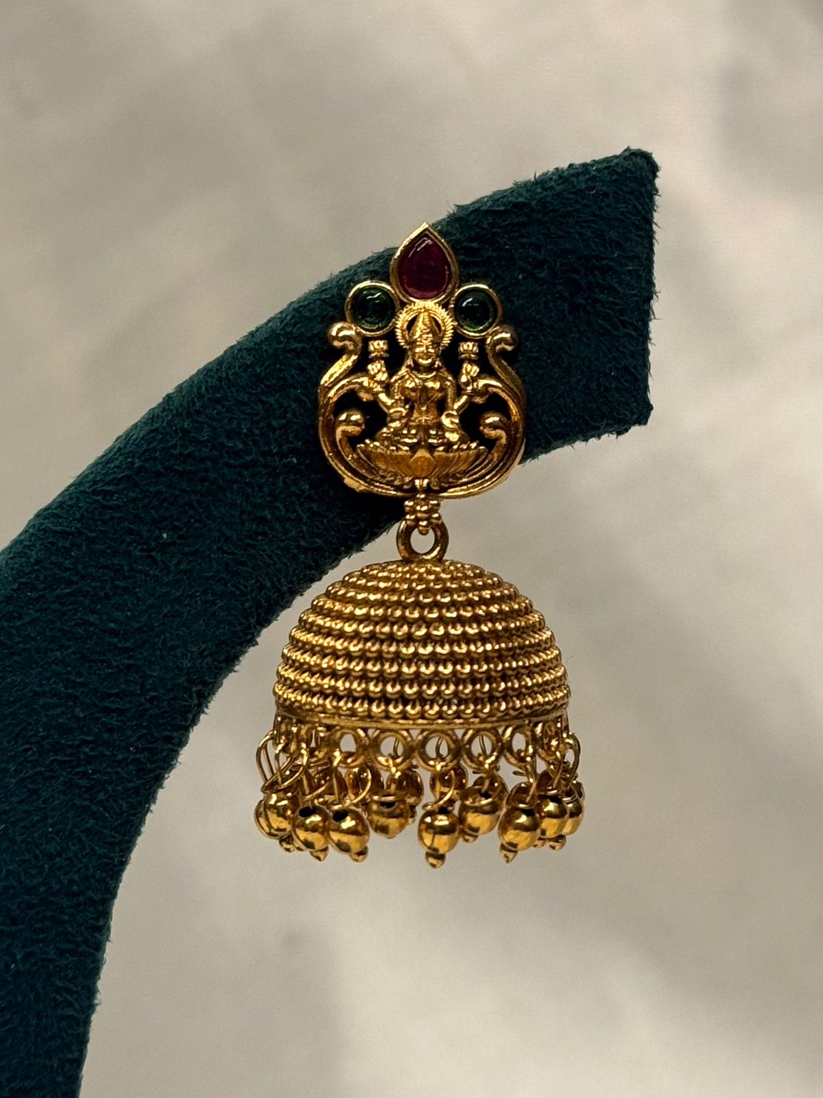 Gold Plated Lakshmi Temple Jhumka Earrings with Pink & Green Stones,llb730