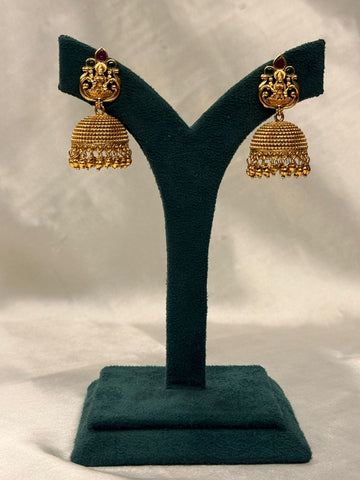 Gold Plated Lakshmi Temple Jhumka Earrings with Pink & Green Stones,llb730