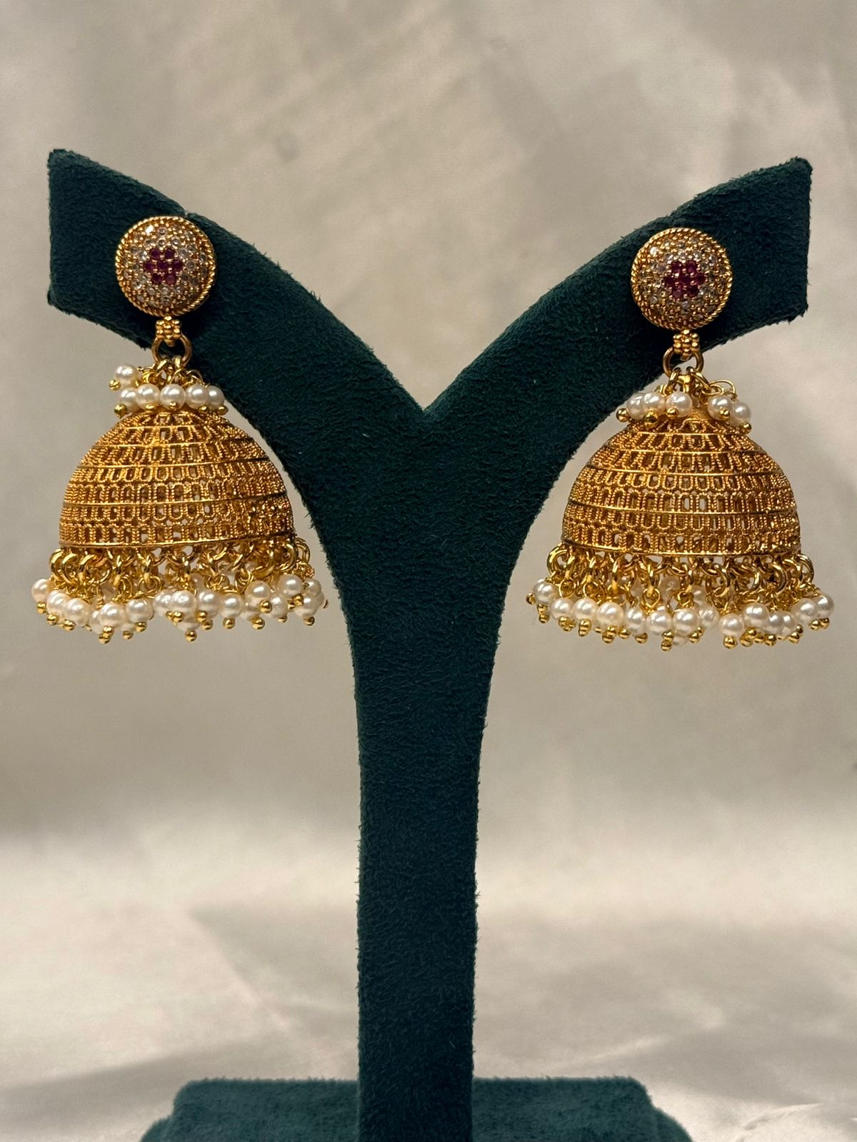 Gold Plated Pearl Drop Jhumka Earrings with Pink & White Stone Stud,llb725