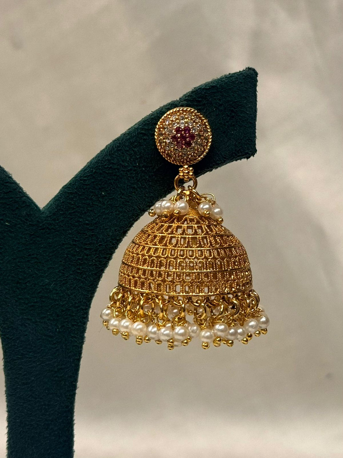 Gold Plated Pearl Drop Jhumka Earrings with Pink & White Stone Stud,llb725