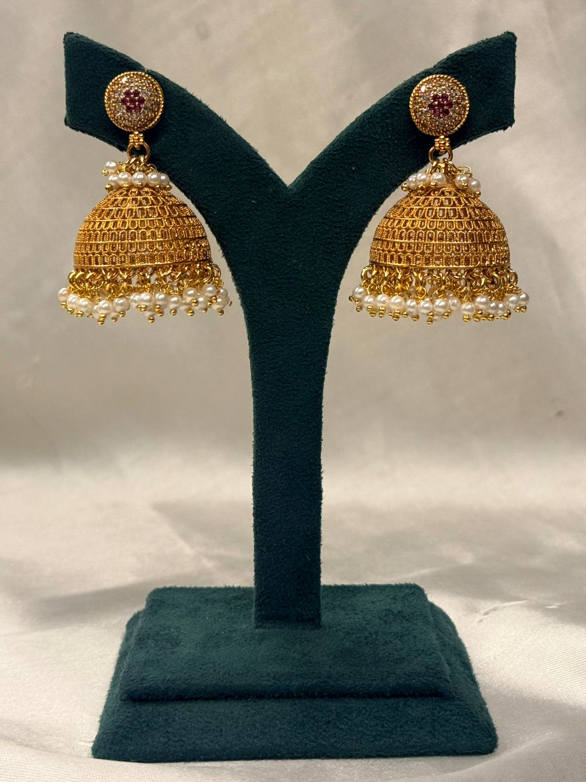 Gold Plated Pearl Drop Jhumka Earrings with Pink & White Stone Stud,llb725