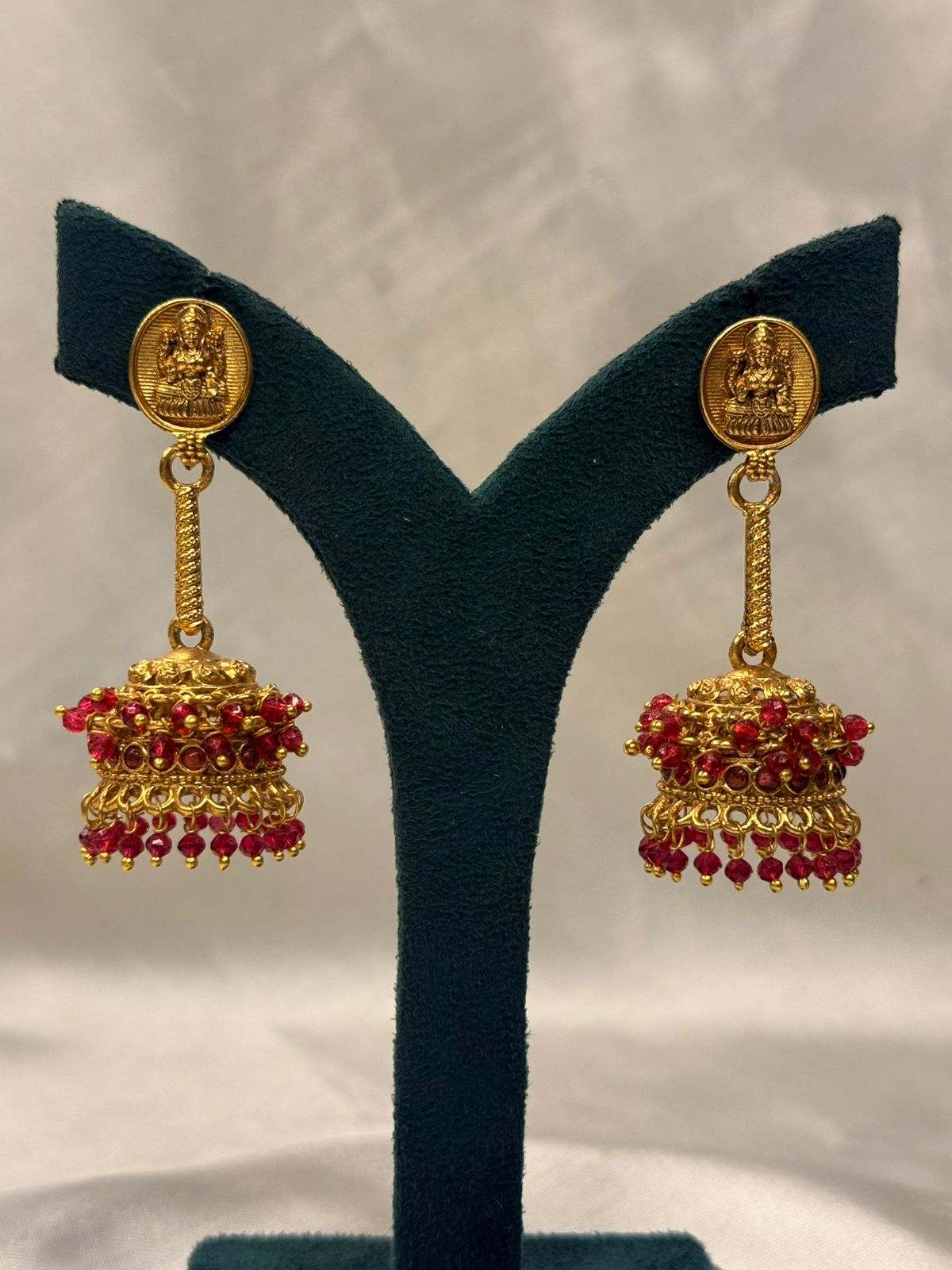 Gold Plated Lakshmi Jhumka Earrings with Ruby Beads,llb724