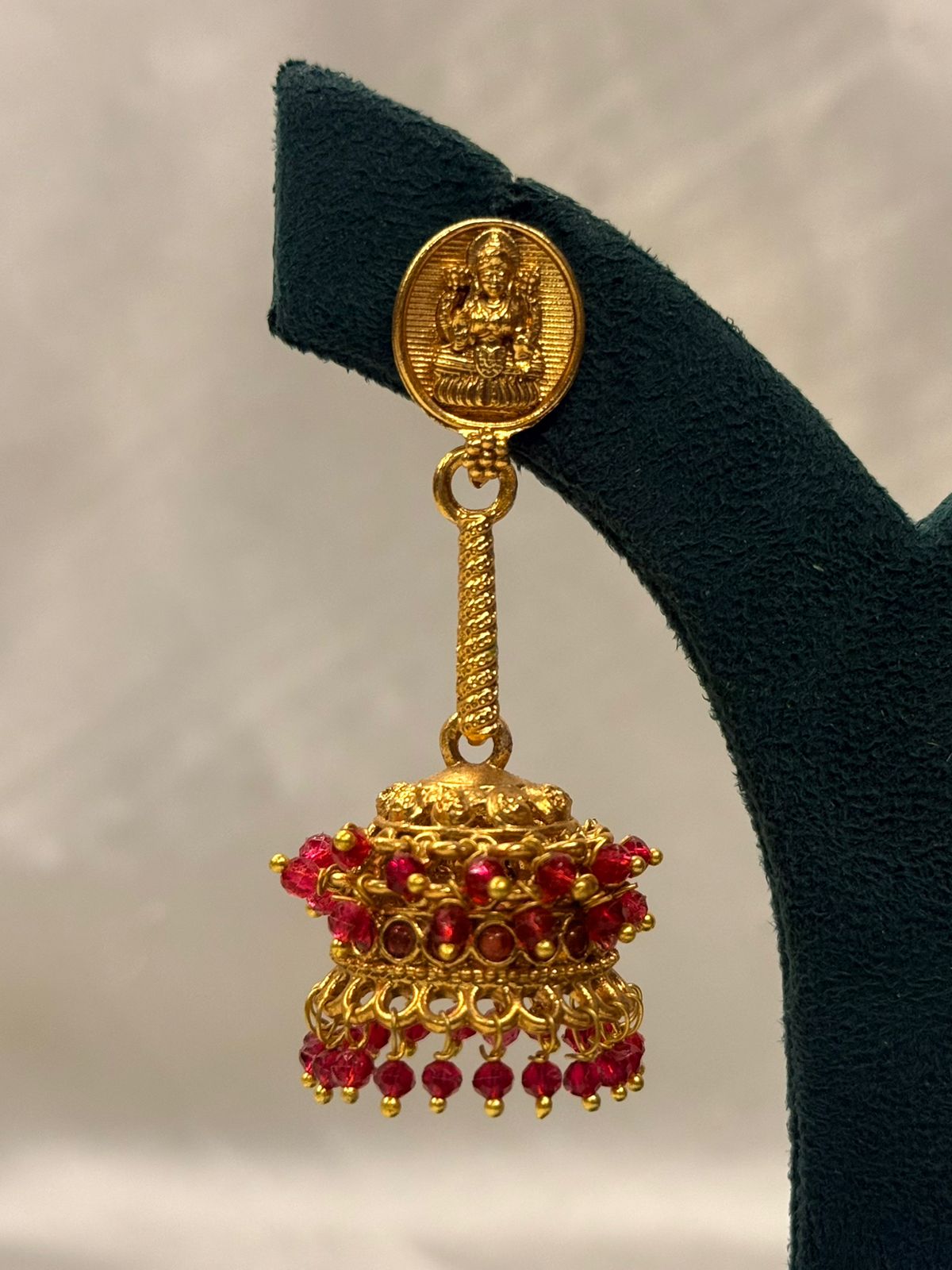 Gold Plated Lakshmi Jhumka Earrings with Ruby Beads,llb724