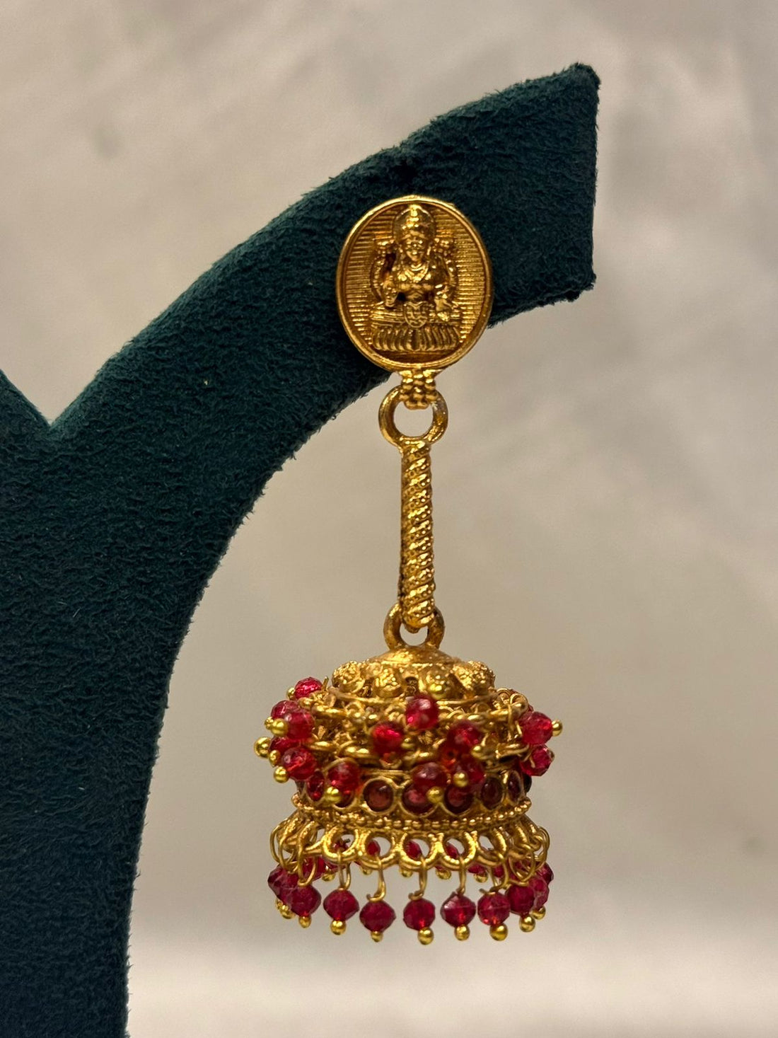 Gold Plated Lakshmi Jhumka Earrings with Ruby Beads,llb724