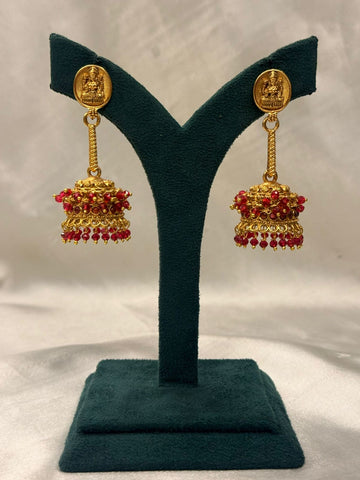 Gold Plated Lakshmi Jhumka Earrings with Ruby Beads,llb724