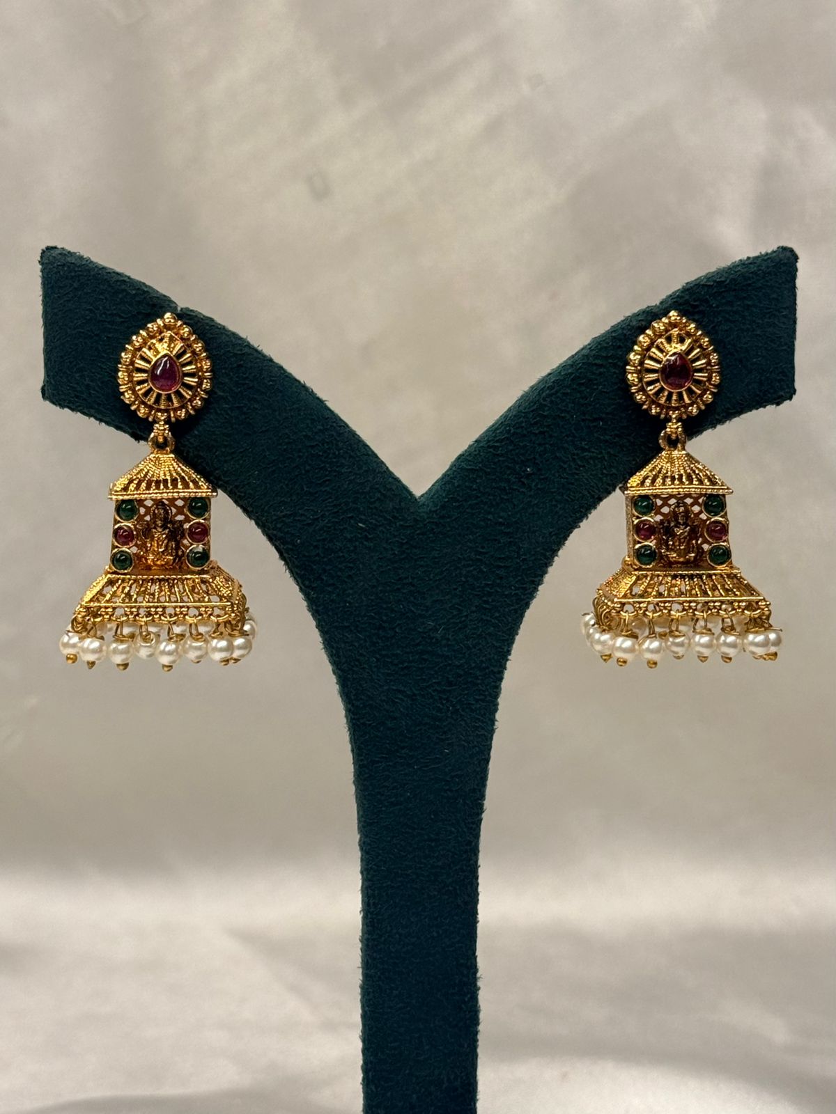Gold Plated Temple Jhumka Earrings with Lakshmi Motif, Multicolor Stones,llb726