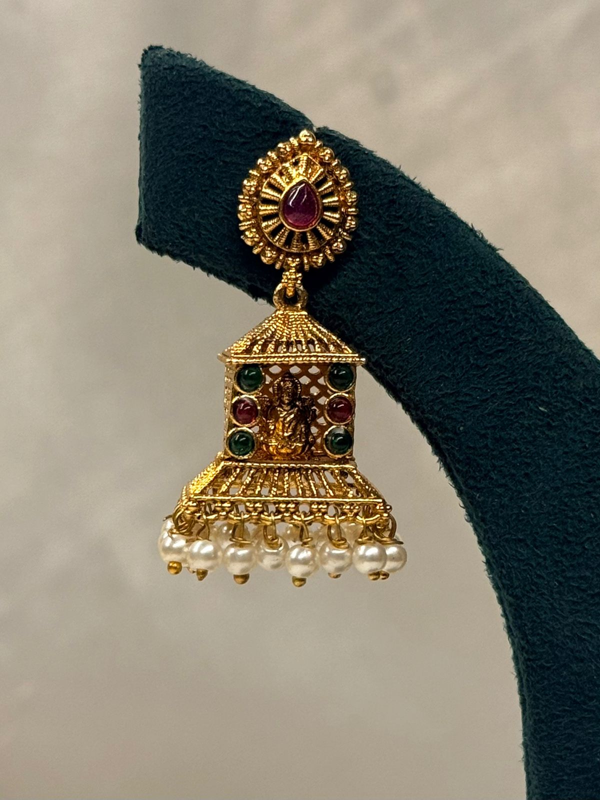 Gold Plated Temple Jhumka Earrings with Lakshmi Motif, Multicolor Stones,llb726