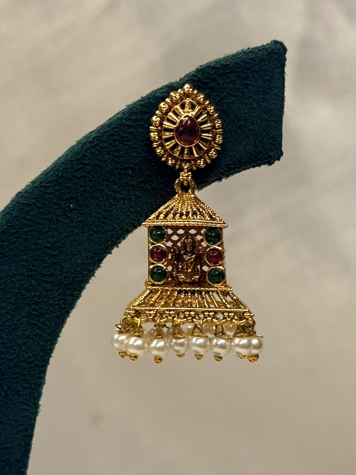Gold Plated Temple Jhumka Earrings with Lakshmi Motif, Multicolor Stones,llb726