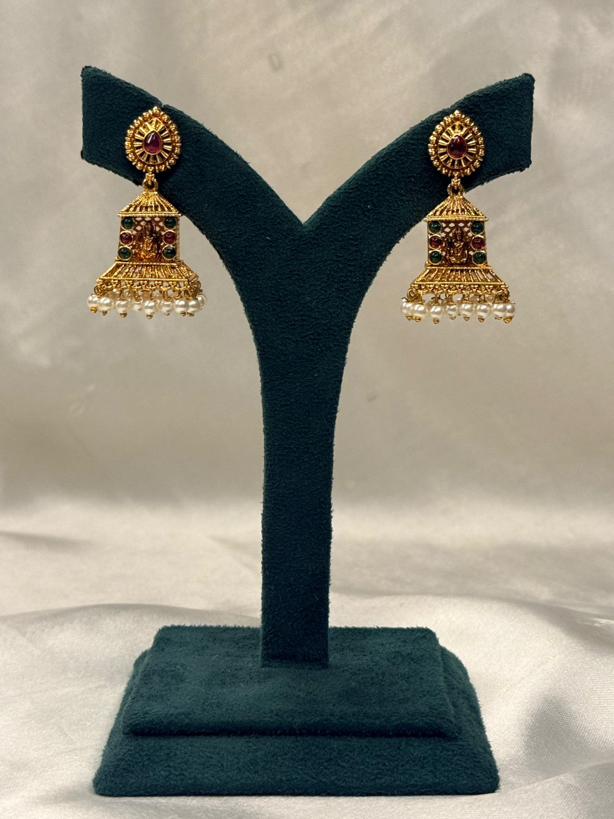 Gold Plated Temple Jhumka Earrings with Lakshmi Motif, Multicolor Stones,llb726