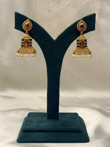 Gold Plated Temple Jhumka Earrings with Lakshmi Motif, Multicolor Stones,llb726