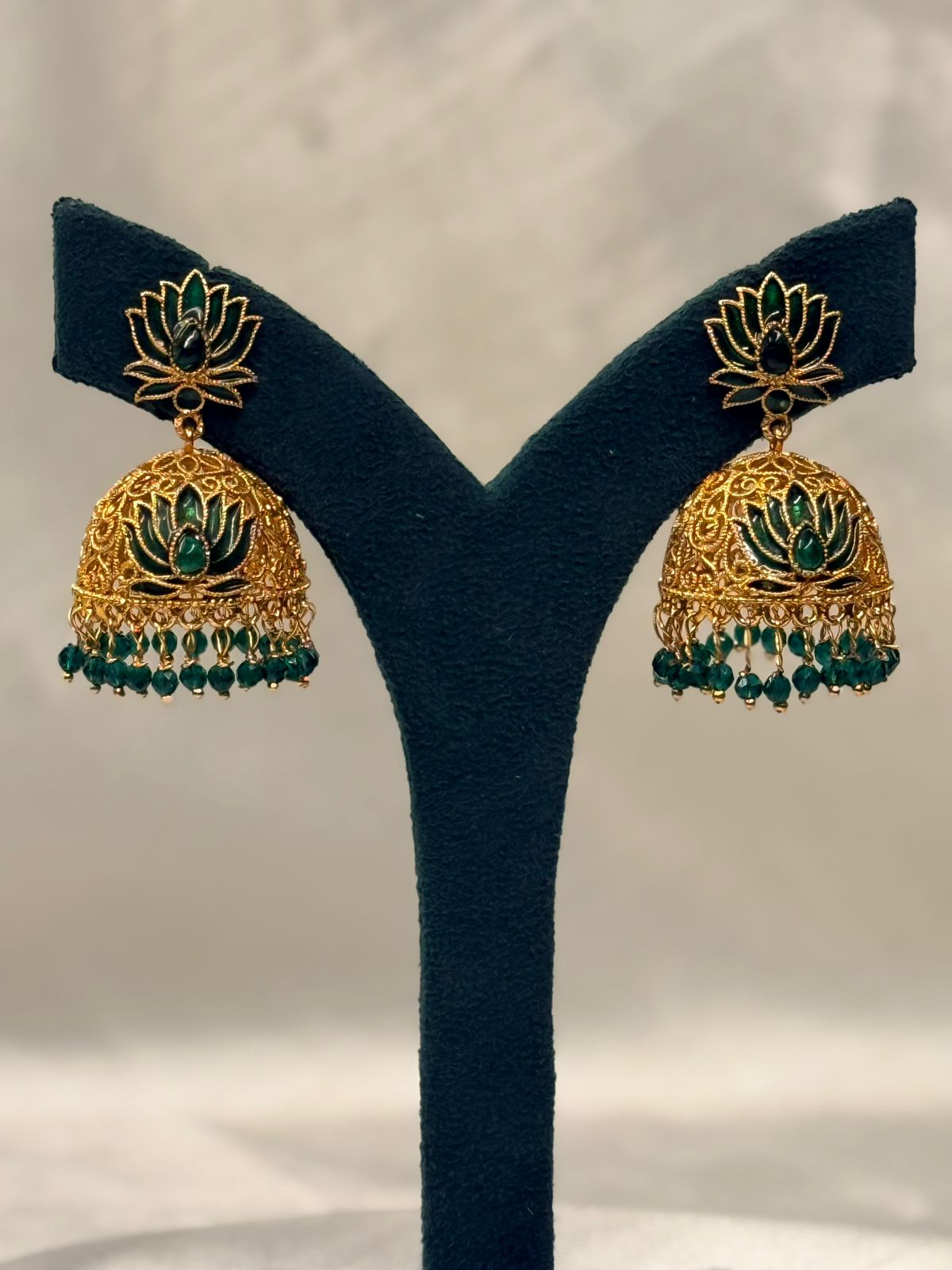 Green Lotus Gold Plated Jhumka Earrings with Stone Detailing,llb727