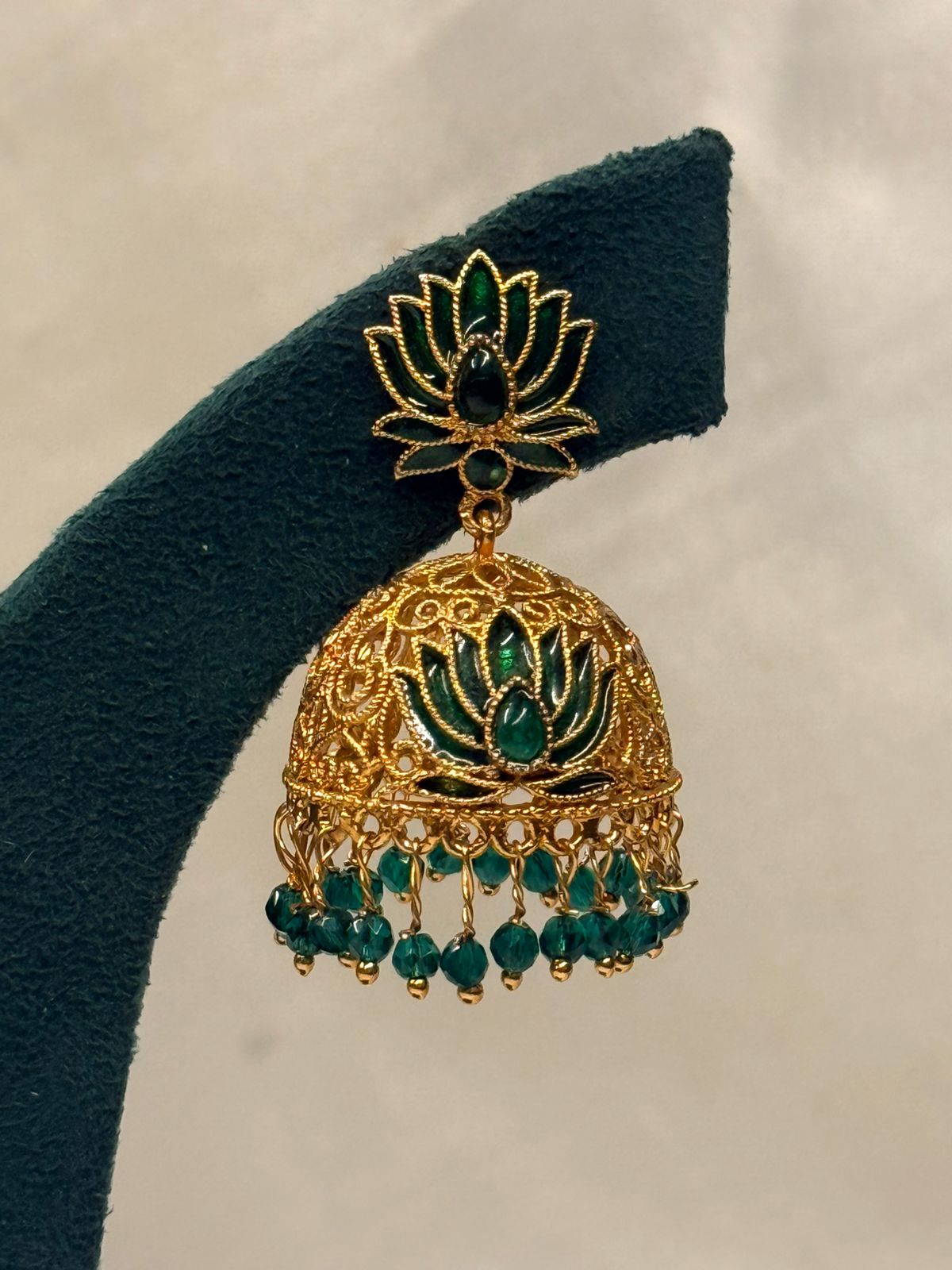 Green Lotus Gold Plated Jhumka Earrings with Stone Detailing,llb727