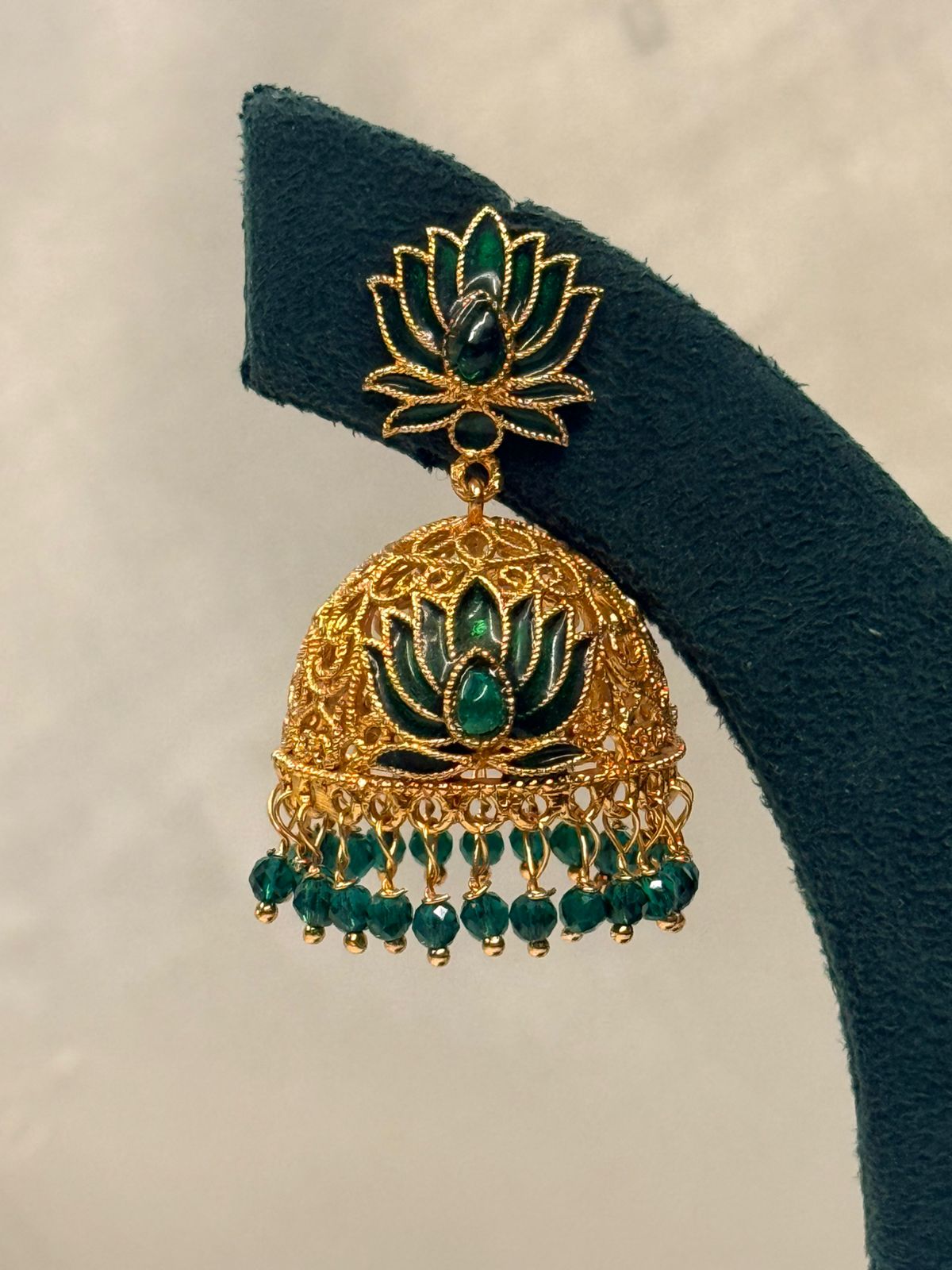 Green Lotus Gold Plated Jhumka Earrings with Stone Detailing,llb727