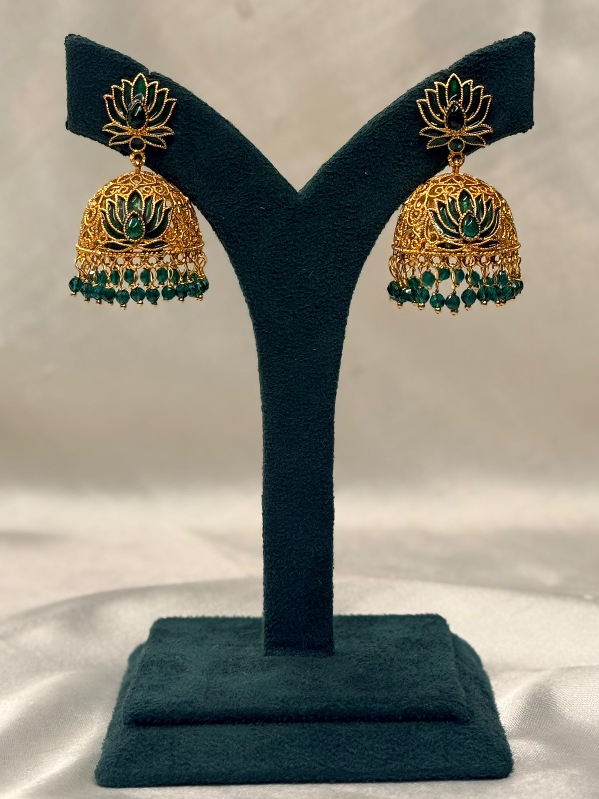 Green Lotus Gold Plated Jhumka Earrings with Stone Detailing,llb727