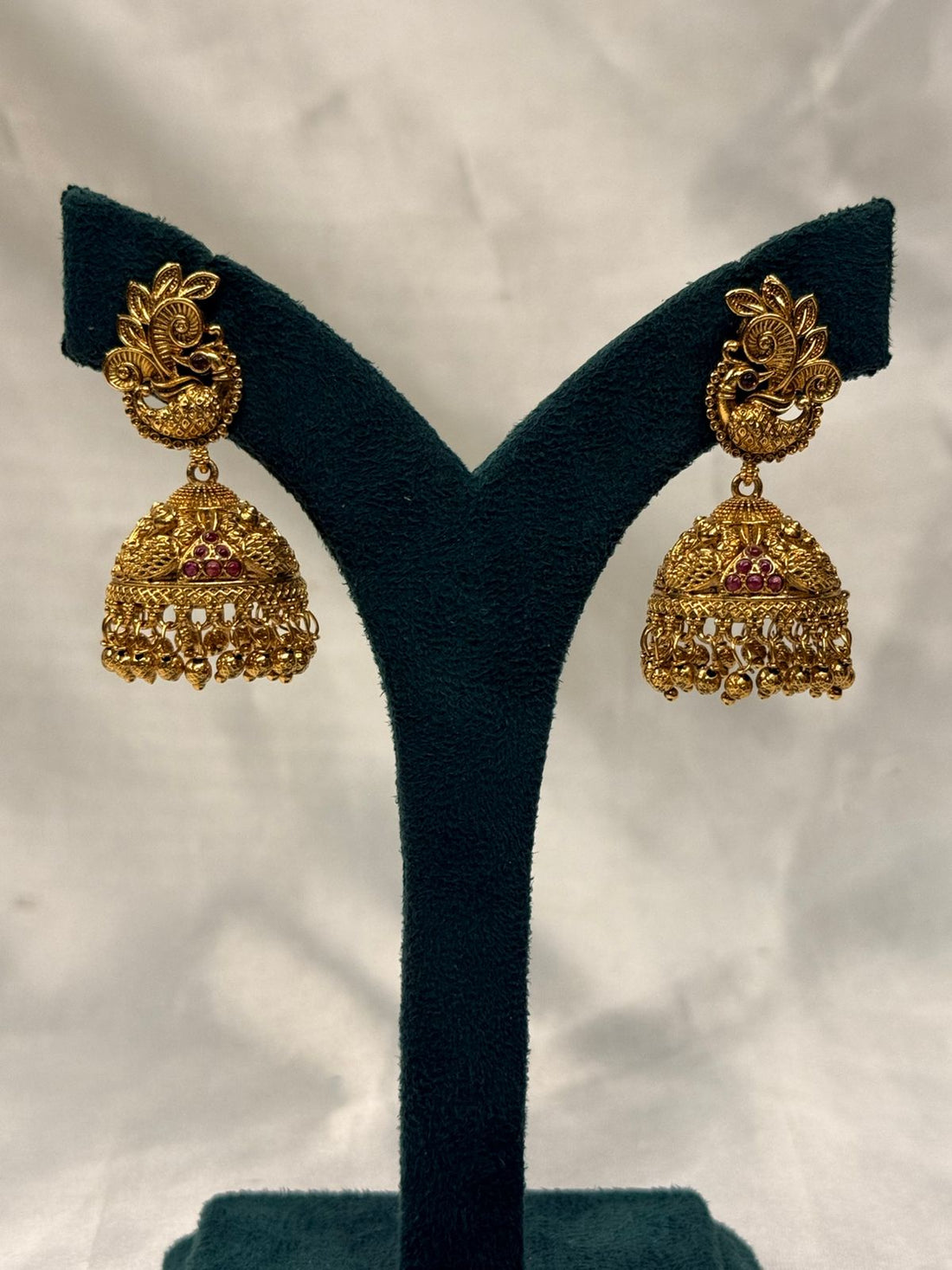 Antique Gold-Plated Peacock Jhumka Earrings with Ruby Stones,llb734