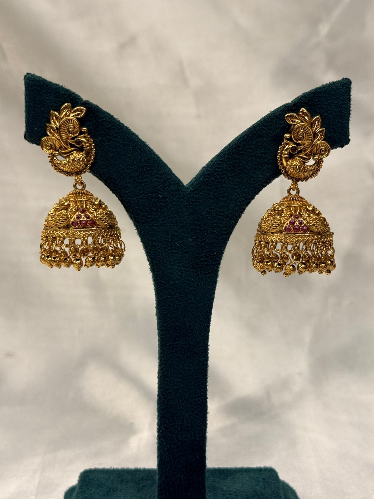 Antique Gold-Plated Peacock Jhumka Earrings with Ruby Stones,llb734