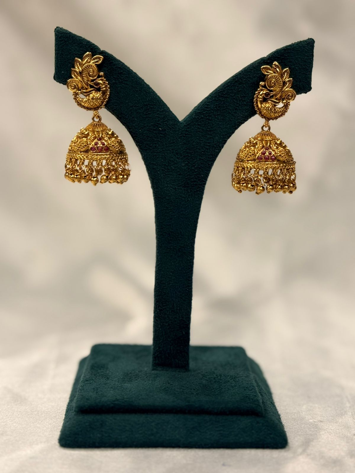 Antique Gold-Plated Peacock Jhumka Earrings with Ruby Stones,llb734