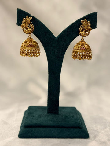 Antique Gold-Plated Peacock Jhumka Earrings with Ruby Stones,llb734