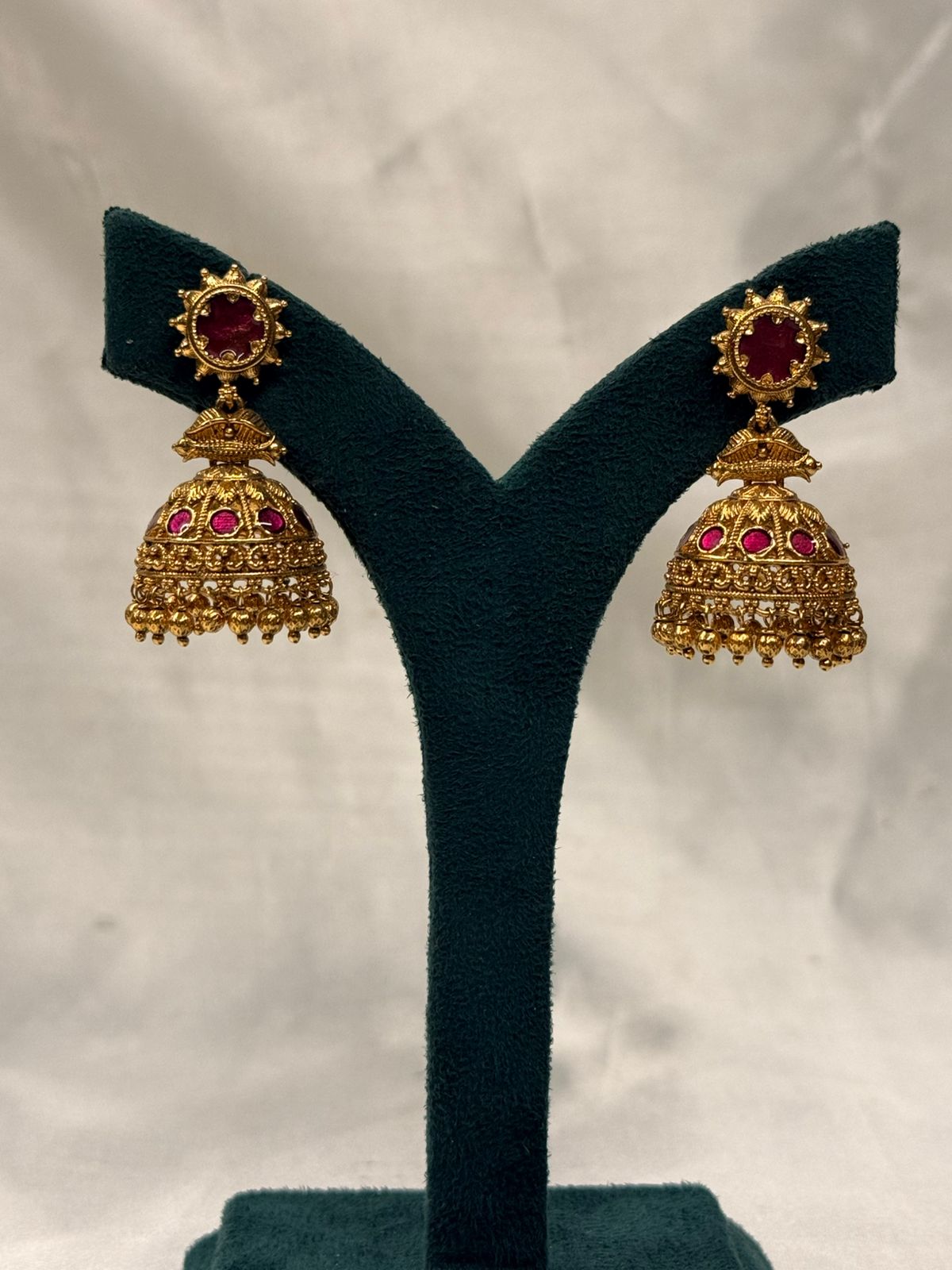Antique Gold-Plated Sun-Motif Ruby Jhumka,llb746
